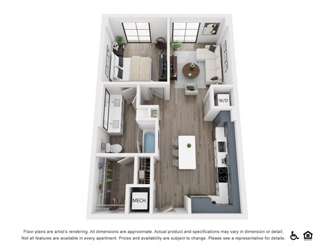 Floor plan for 1 bed, 1 bath, 701 sqft